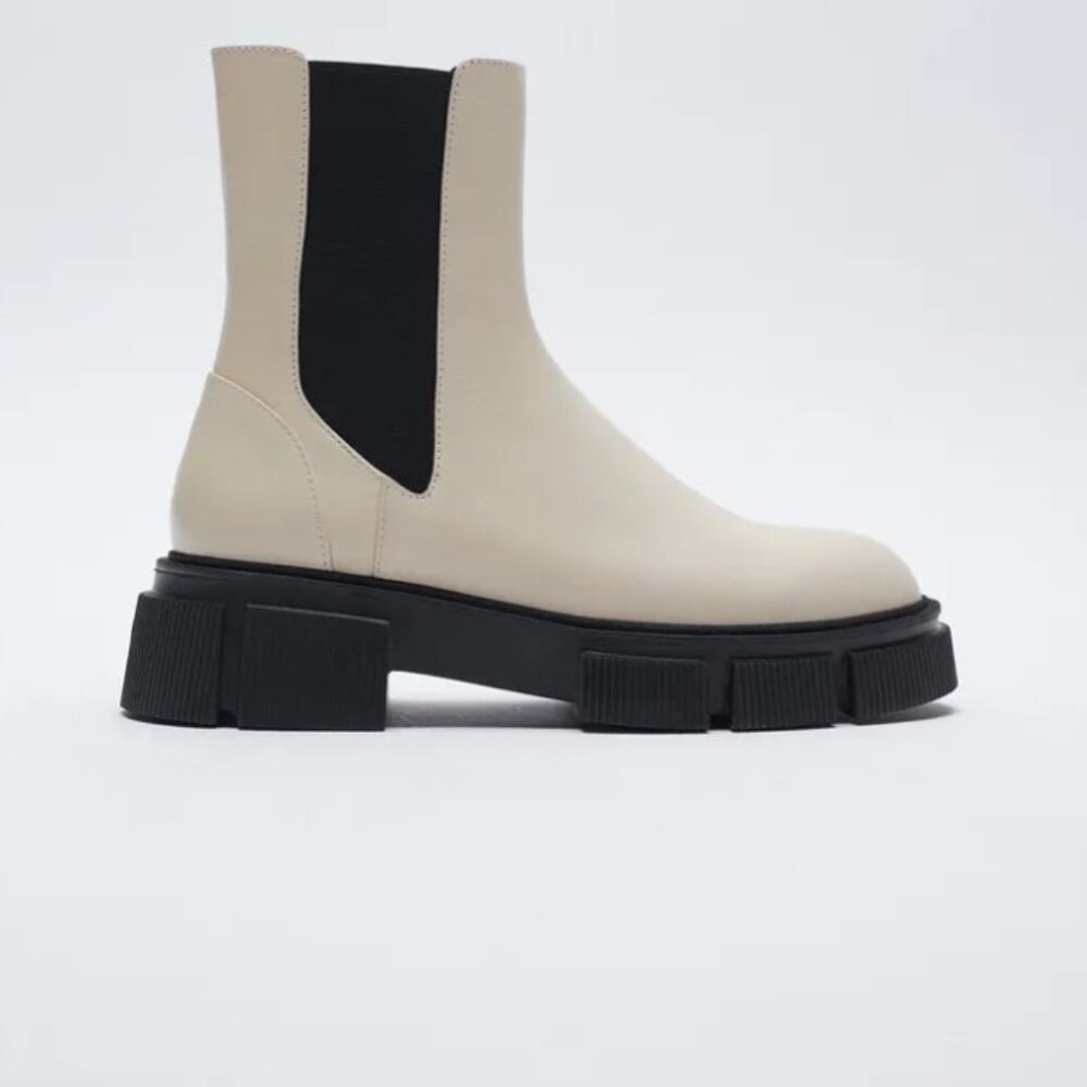 Zara Lug Sole Low Heel Leather Ankle Boots